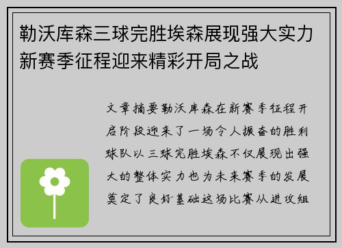 勒沃库森三球完胜埃森展现强大实力新赛季征程迎来精彩开局之战